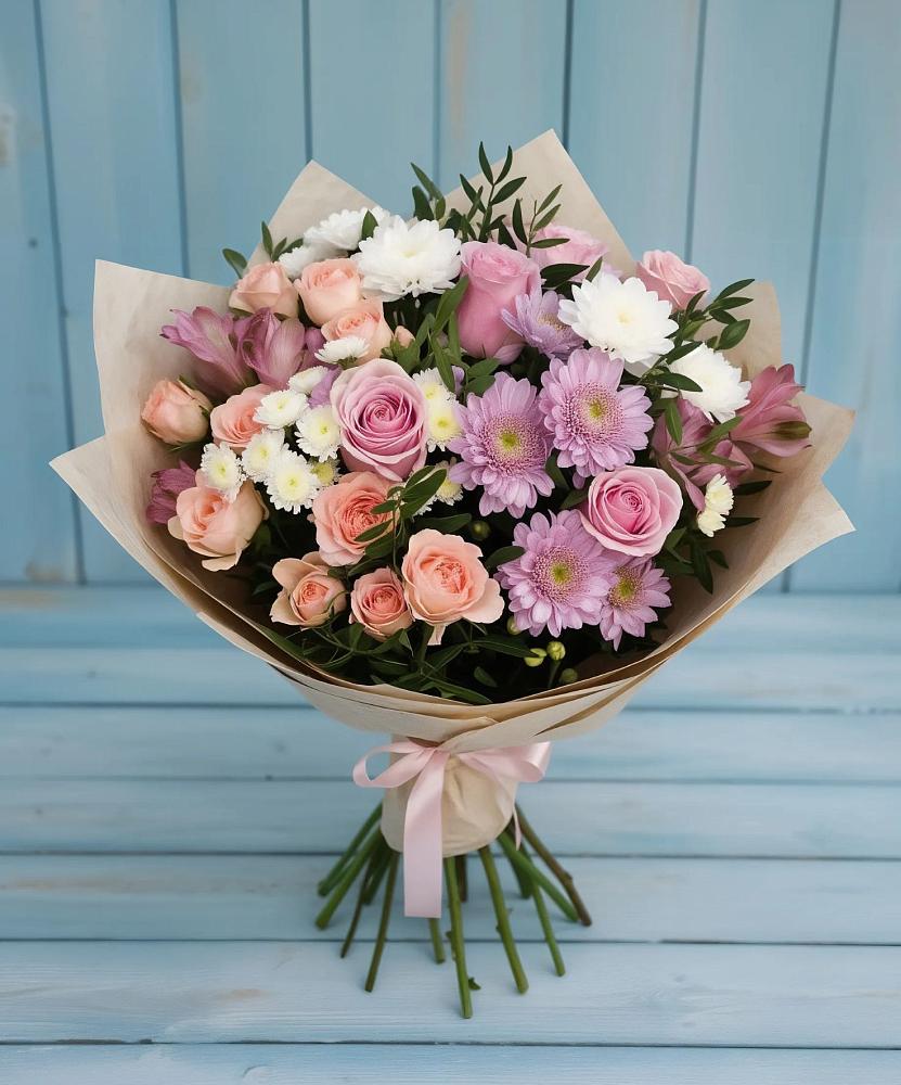 Букет цветов из: Хризантемы, Розы и Альстромерии в Глебовский