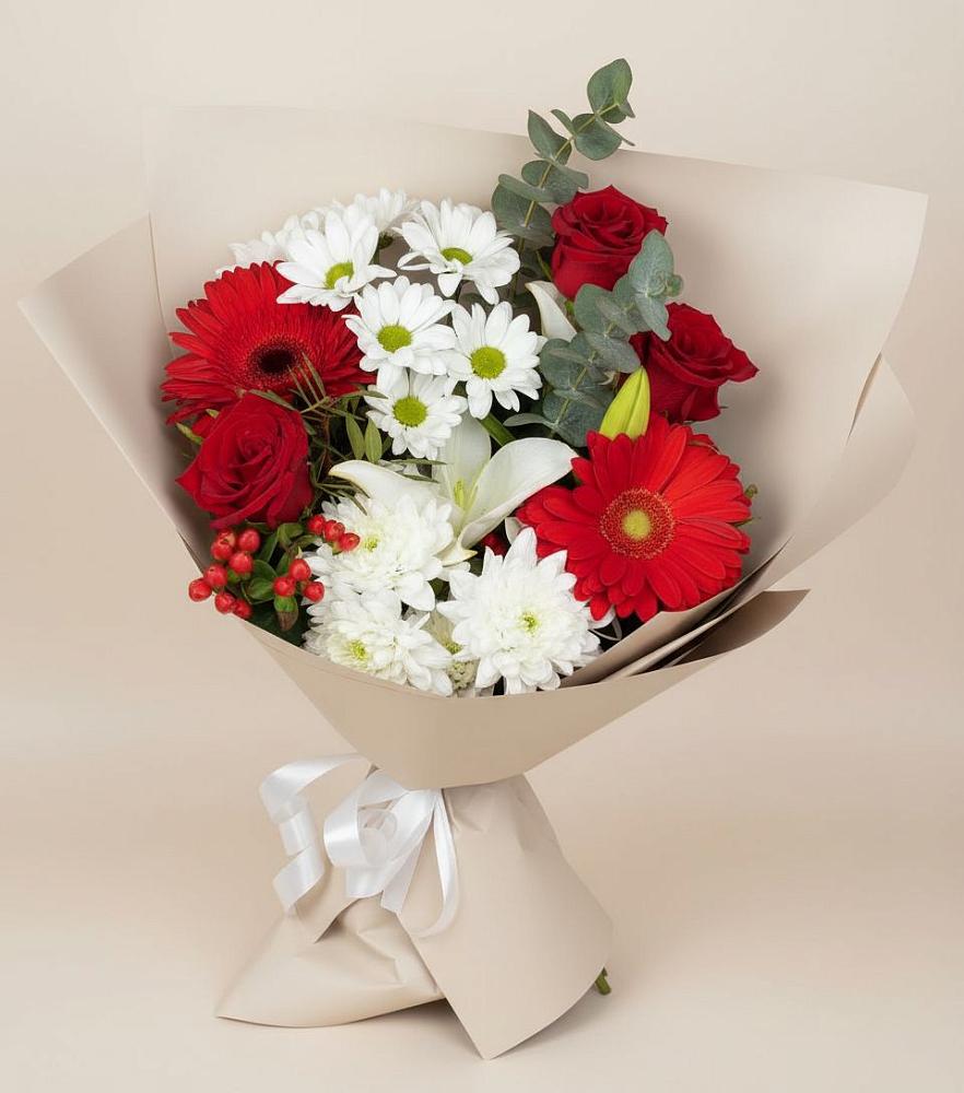 Букет цветов из: Розы, Хризантемы, Герберы и Лилии в Глебовский