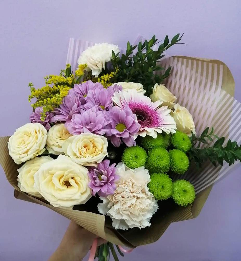 Букет цветов из: Хризантемы, Розы, Гвоздики и Герберы в Глебовский