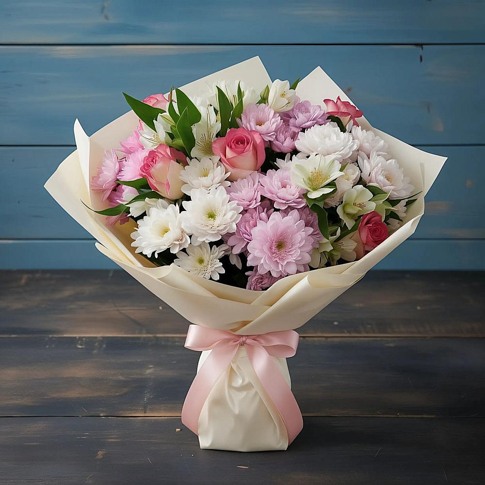 Букет цветов из: Хризантемы, Альстромерии и Розы в Глебовский